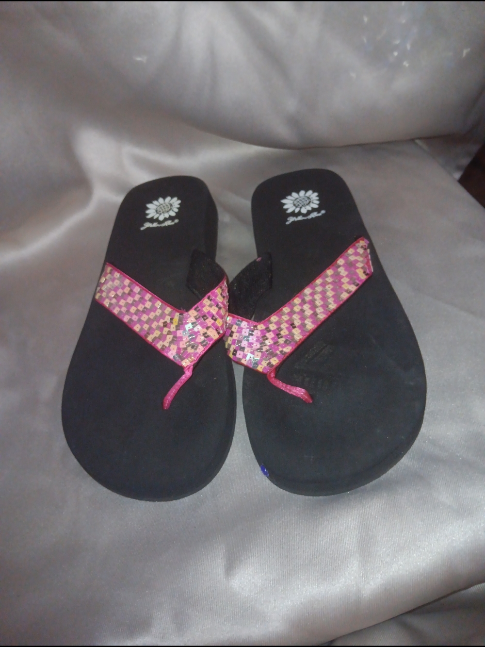 Yellow Box Black Flip Flop Sandals with Pink Sequin Straps